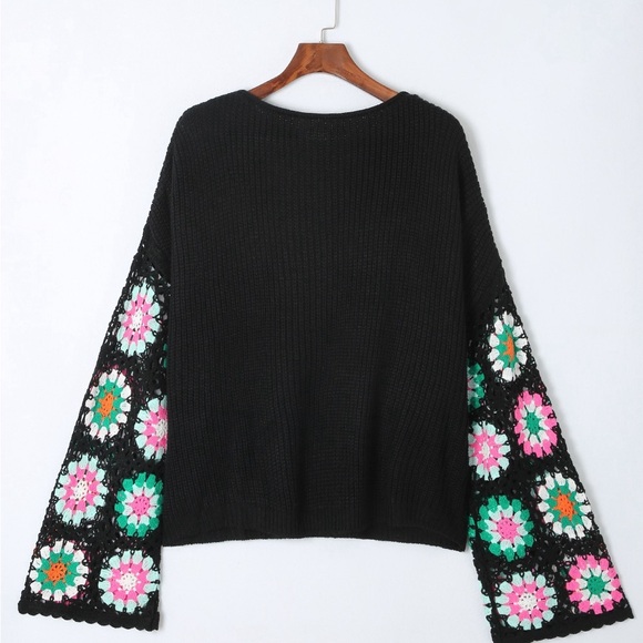 Black Floral Crochet Bell Sleeve Loose sweater Bohemian Blouse - Picture 10 of 16